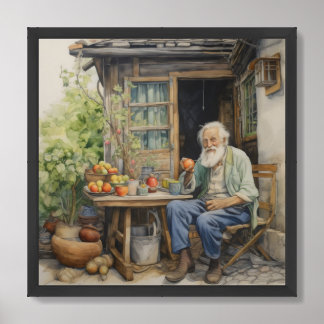Man outside old cottage at a table fruit framed art