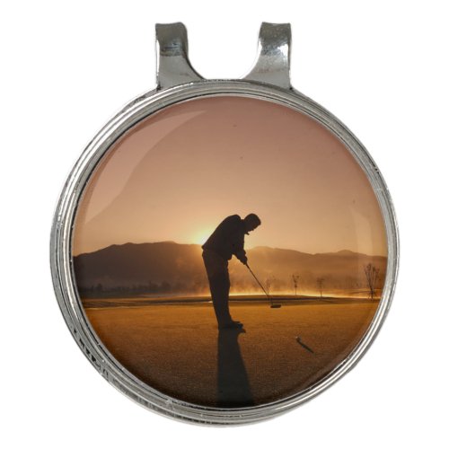 Man playing Golf at sunset Best Golf Hat Clip