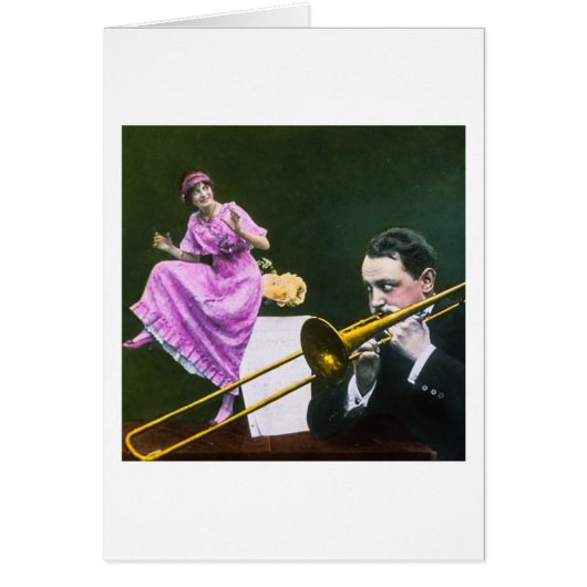 Man plays trombone Flapper dances on table Cards (Front)