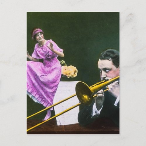 Man plays trombone Flapper  dances on table Postcard