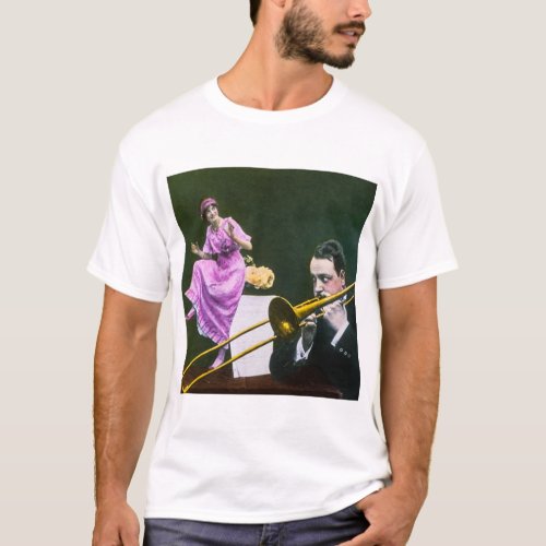 Man plays trombone Flapper  dances on table T_Shirt