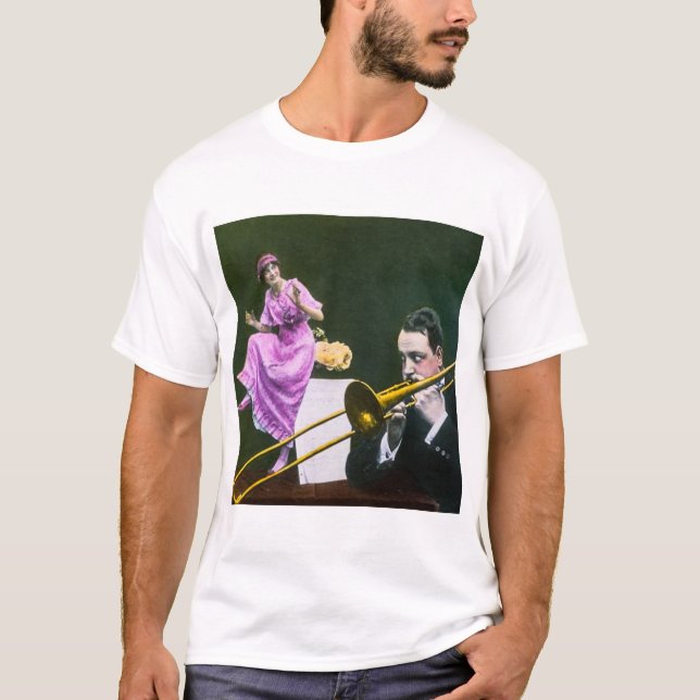 Man plays trombone Flapper  dances on table T-Shirt (Front)