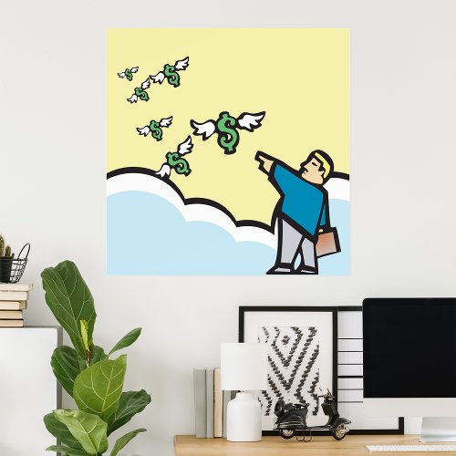 Man Pointing At Money With Wings Poster