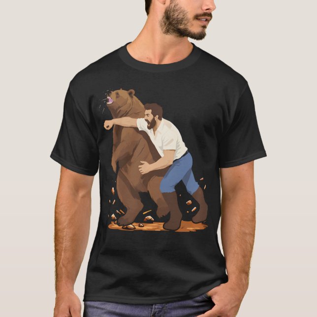 Man Punching Bear Funny Wilderness T-Shirt (Front)