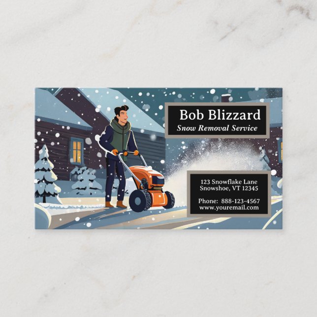 Man pushing a snow blower business card (Front)