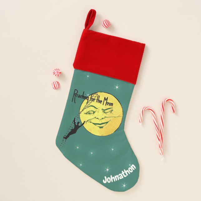 Man Reaching for Moon on Ladder Twinkle Christmas  Christmas Stocking (Front)