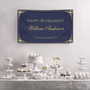 Man Retirement Party Navy Blue Gold Elegant Script Banner
