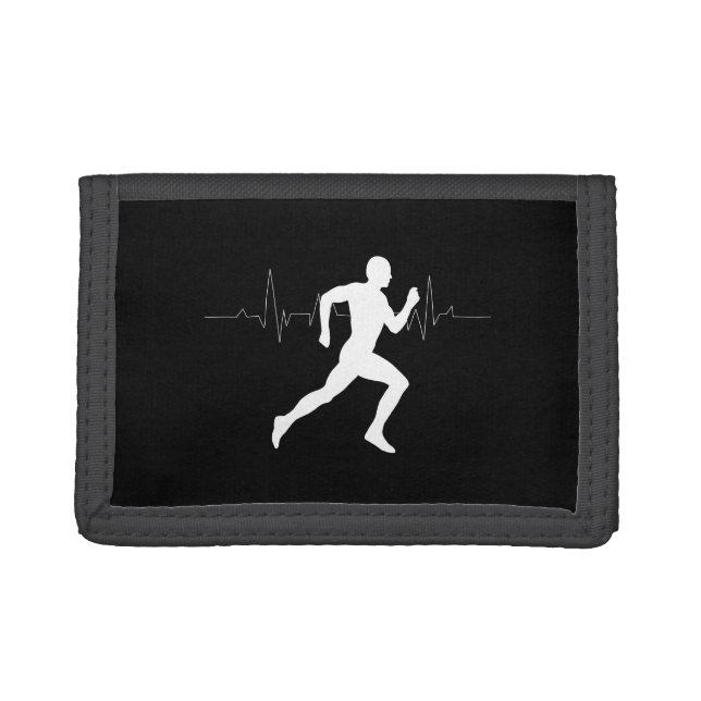 Man Running Marathon Silhouette HeartBeat Line  Trifold Wallet (Front)