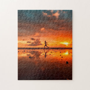 Man Running on Beach at Sunset Jigsaw Puzzle