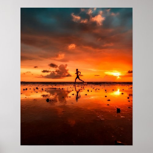 Man Running on Beach at Sunset Poster