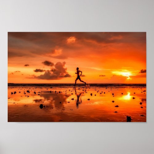 Man Running on Beach at Sunset Poster