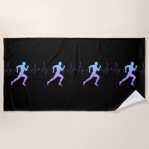 Man Running Runners Silhouette Heartbeat Black Beach Towel