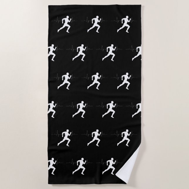 Man Running Runners Silhouette HeartBeat Line  Beach Towel (Front)