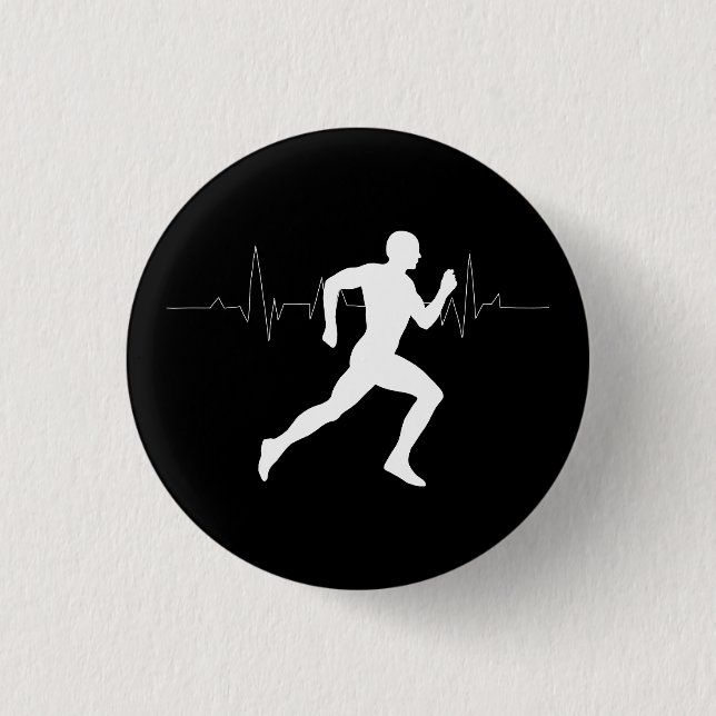 Man Running Runners Silhouette HeartBeat Line  Button (Front)