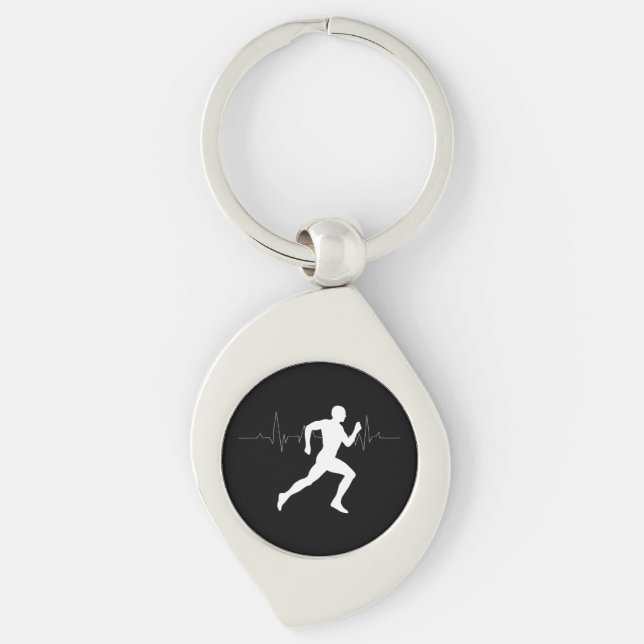 Man Running Runners Silhouette HeartBeat Line  Keychain (Front)