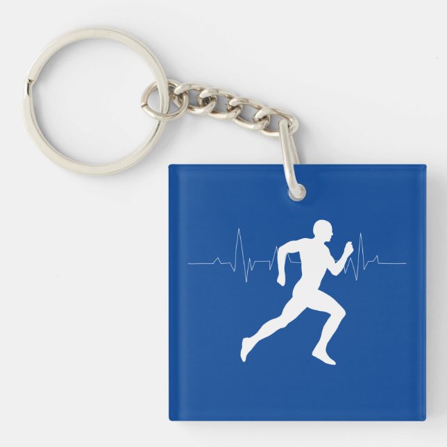 Man Running Runners Silhouette on Blue Background  Keychain (Front)