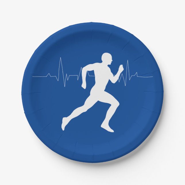 Man Running Runners Silhouette on Blue Background  Paper Plates (Front)
