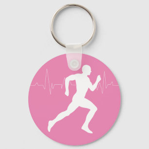 Man Running Runners Silhouette on Pink Background Keychain