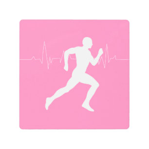 Man Running Runners Silhouette on Pink Background Metal Print