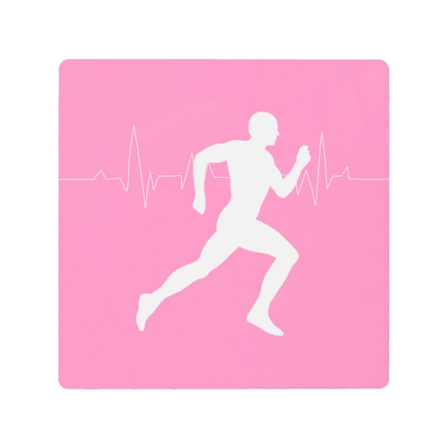 Man Running Runners Silhouette on Pink Background Metal Print (Front)