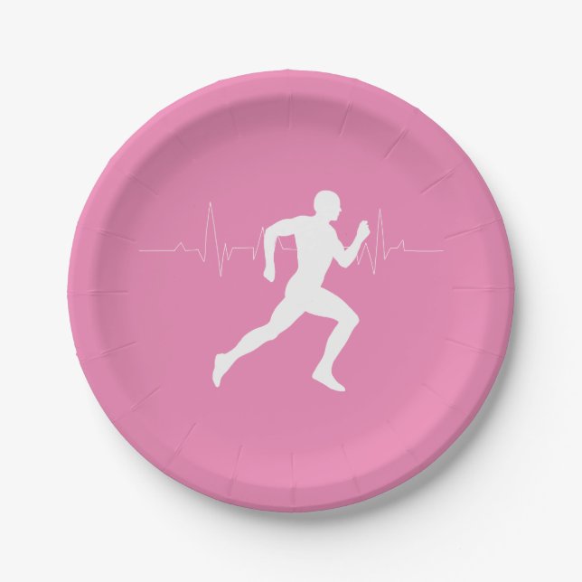 Man Running Runners Silhouette on Pink Background Paper Plates (Front)