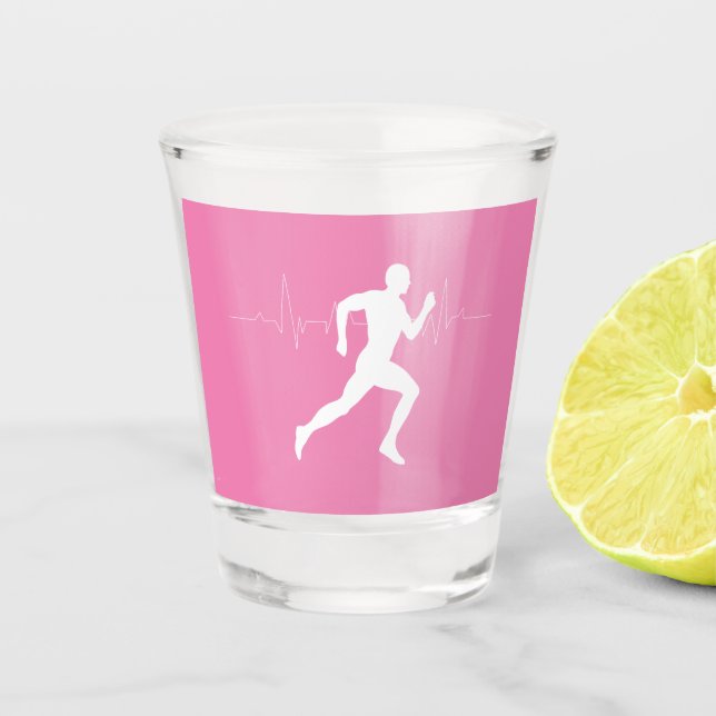 Man Running Runners Silhouette on Pink Background Shot Glass (Front)