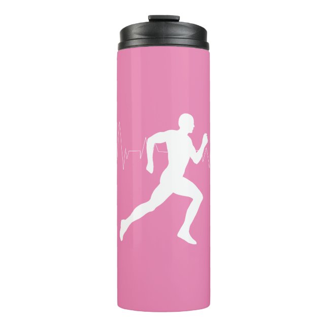 Man Running Runners Silhouette on Pink Background Thermal Tumbler (Front)
