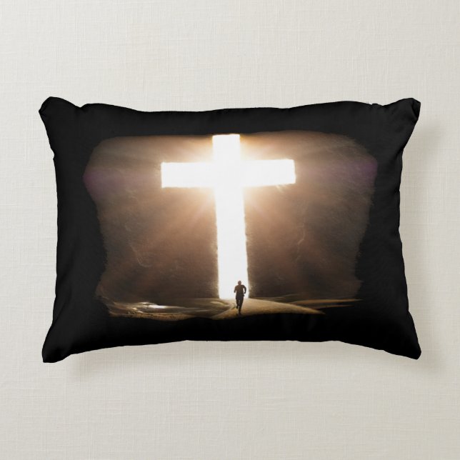 Man Running To Glowing Christian Cross of Jesus Accent Pillow (Front)