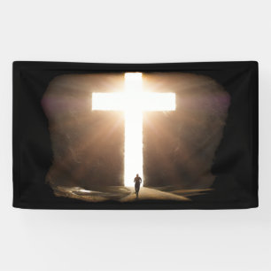 Man Running To Glowing Christian Cross of Jesus Banner