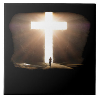 Man Running To Glowing Christian Cross of Jesus Ceramic Tile