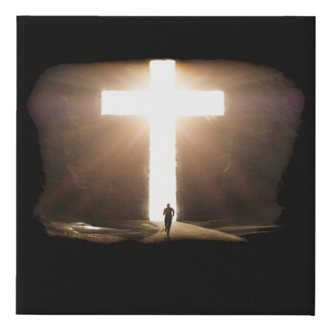 Man Running To Glowing Christian Cross of Jesus Faux Canvas Print (Front)