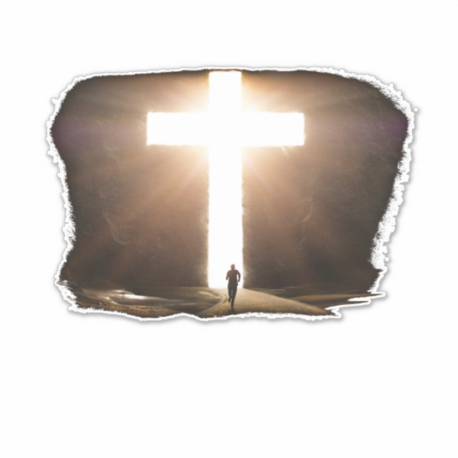 Man Running To Glowing Christian Cross of Jesus Sticker (Front)