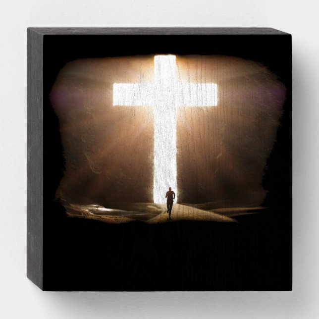Man Running To Glowing Christian Cross of Jesus Wooden Box Sign (Front Horizontal)