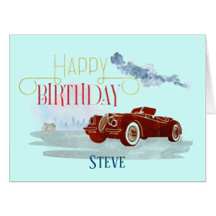 Man’s Classic Car Ornate Text Happy Birthday Blue Card