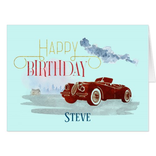 Mans Classic Car Ornate Text Happy Birthday Blue Card
