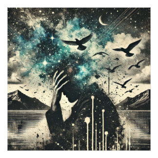 Man’s Head in Hands with Starry Sky, Flying Birds Photo Print