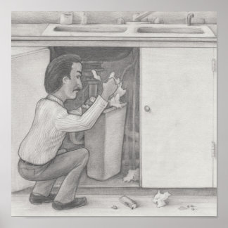 Man Searching Through a Kitchen Cabinet Garbage Ca Poster