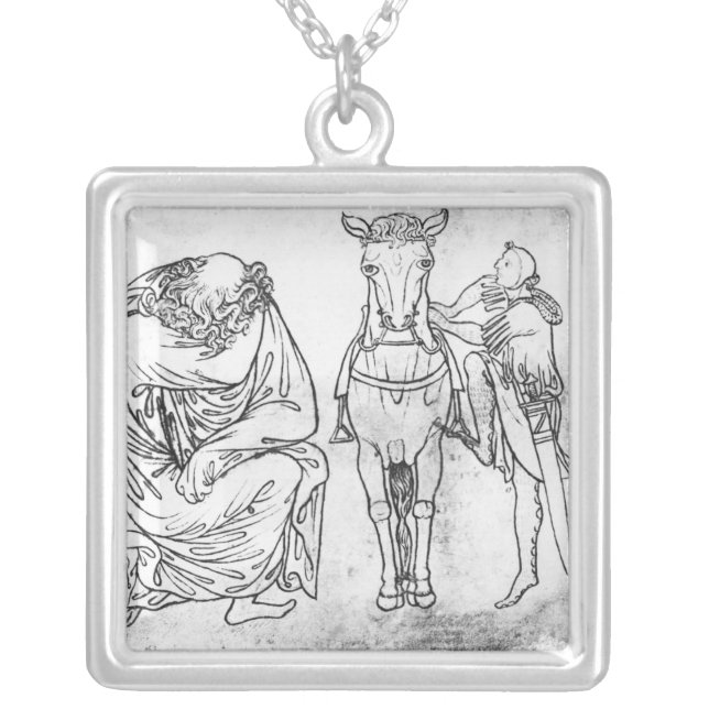 Man seated, Knight mounting his horse Silver Plated Necklace (Front)