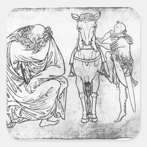 Man seated Knight mounting his horse Square Sticker