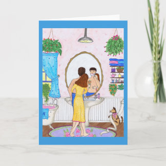 Man Shaving in Bathroom Wife, Dog Greeting Card