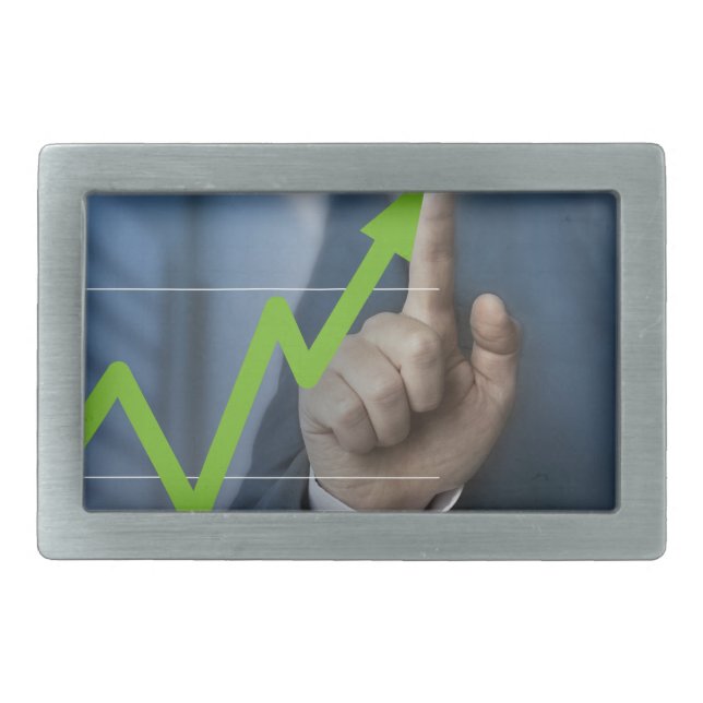 Man showing stock price touchscreen concept belt buckle (Front)