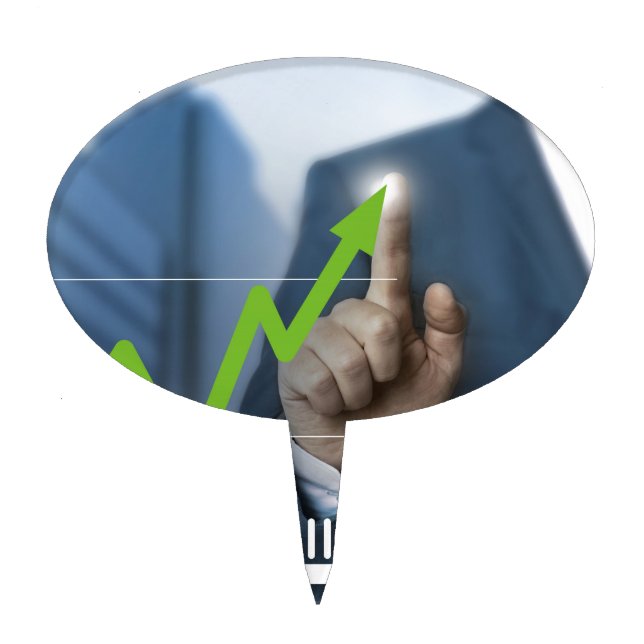 Man showing stock price touchscreen concept cake topper (Front)