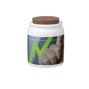 Man showing stock price touchscreen concept candy jar