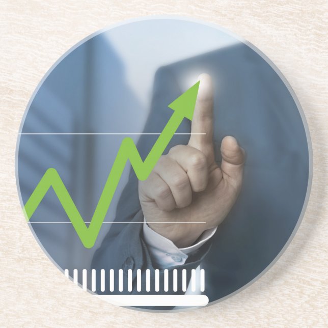 Man showing stock price touchscreen concept drink coaster (Front)