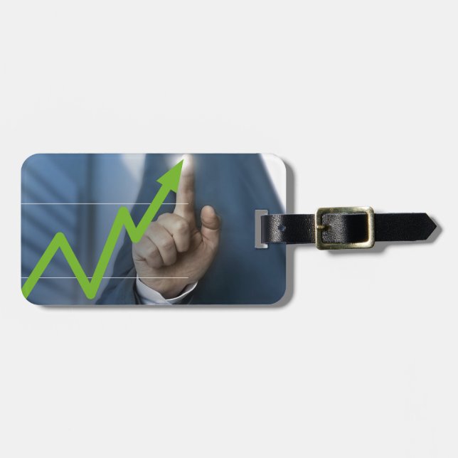 Man showing stock price touchscreen concept luggage tag (Front Horizontal)