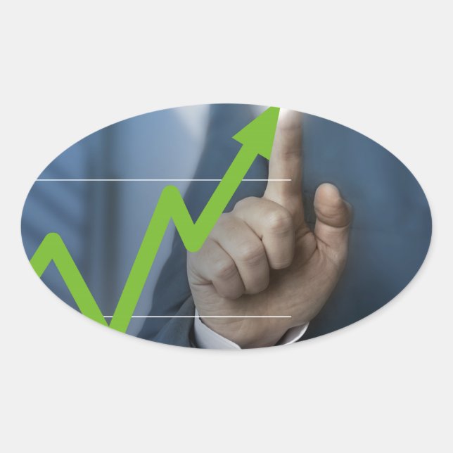 Man showing stock price touchscreen concept oval sticker (Front)