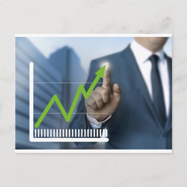 Man showing stock price touchscreen concept postcard (Front)