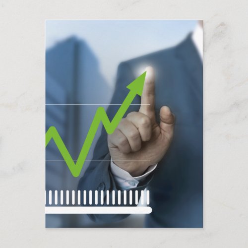 Man showing stock price touchscreen concept postcard