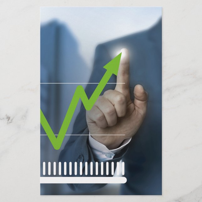 Man showing stock price touchscreen concept stationery (Front)