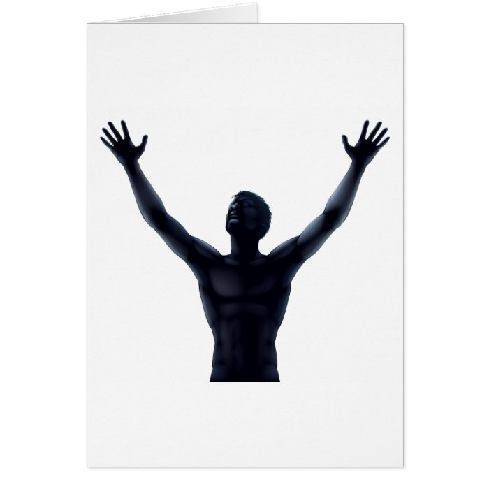 Man silhouette hands raised card